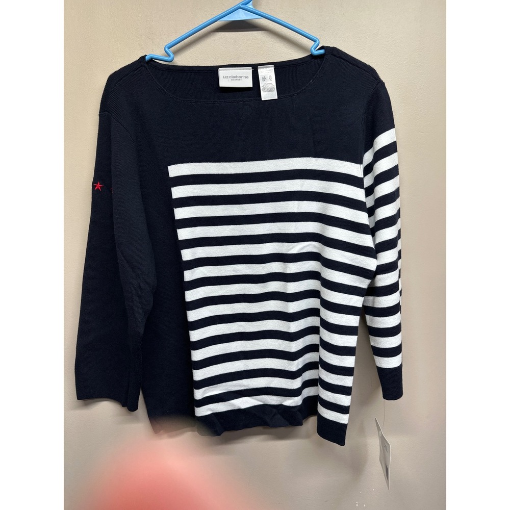 Liz Claiborne Sport Women's Navy White Striped Boat Neck Sweater XL
